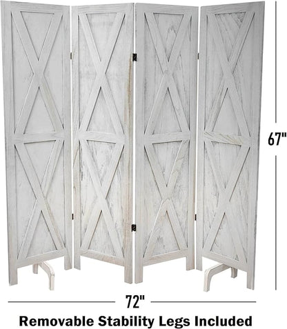 Premium Home 4-Panel Room Divider – Rustic White Barn Door, X Pattern Folding Privacy Screen, Partition Wall