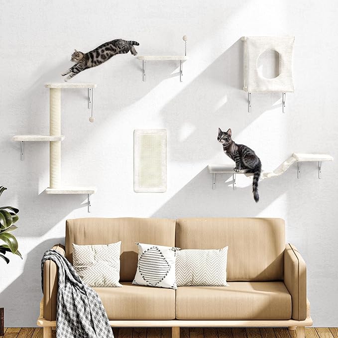 NUNU LAB Wall Mounted Cat Furniture, 5 Pcs Cat Wall Shelves with House, Bridge, Steps, Scratching Post, Shelves, Indoor Safe & Stable Furniture for Kittens Play, Beige-Mewly Pet