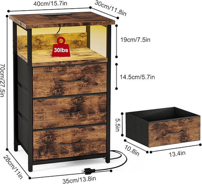 Fixwal Night Stand with Charging Station, LED Nightstand with Fabric Drawers, End Table with PU Finish, Bed Side Table, Rustic Brown
