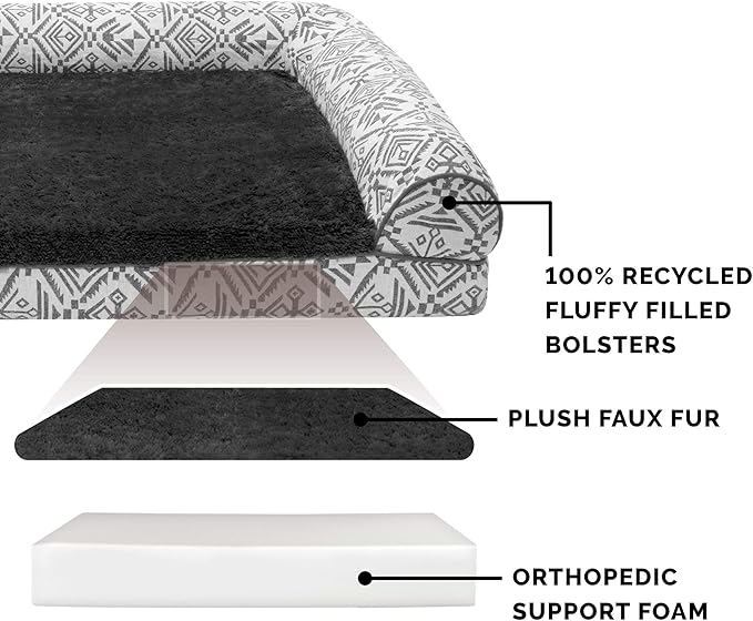 Furhaven Orthopedic Dog Bed for Large Dogs w/ Removable Bolsters & Washable Cover, For Dogs Up to 125 lbs - Plush & Southwest Kilim Woven Decor Sofa - Boulder Gray, Jumbo Plus/XXL-Mewly Pet