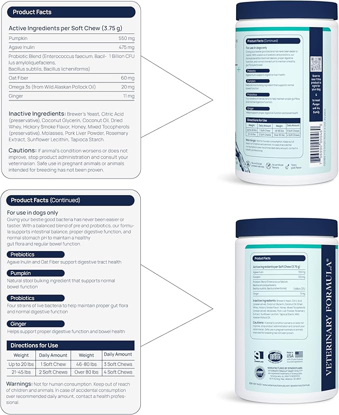 Veterinary Formula Gut Health Supplement for Dogs – Vet-Formulated Probiotic Chews with Digestive Enzymes & Fiber – Smart Vitality Supports Digestive Health, Gut Balance & Stool Quality, 60 Soft Chews-Mewly Pet