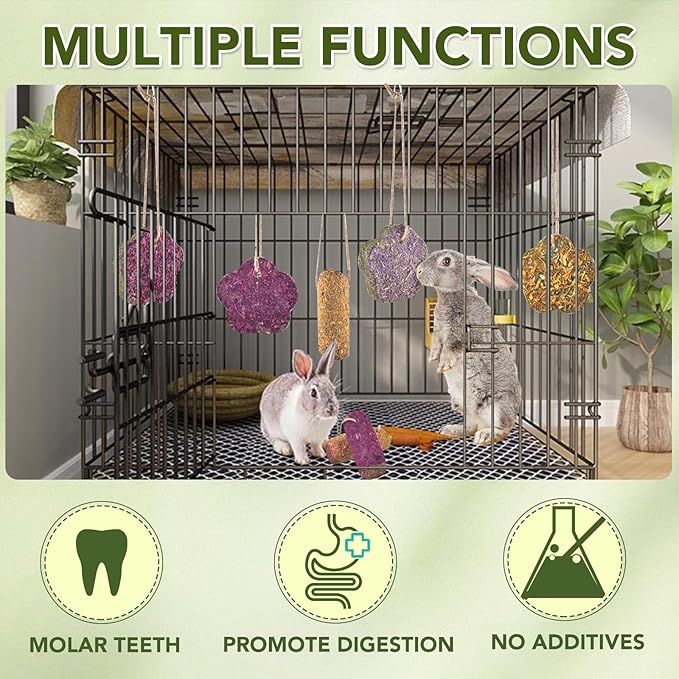 12PCS Rabbit Chew Sticks, Hanging Chew Sticks & Cakes Timothy Hay Rose Chrysanthemum Treat for Bunny Chinchilla Guinea Pig Hamster and Other Small Pets Molar Snack Toy-Mewly Pet