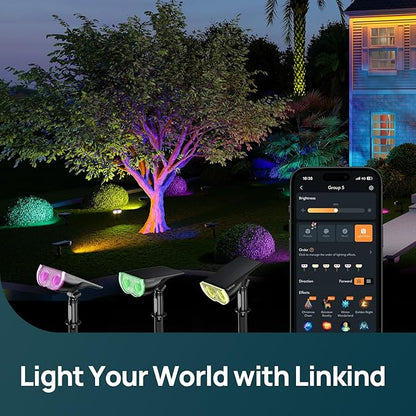 Linkind Smart Solar Spot Lights Outdoor SL5C, Solar Lights Outdoor Spotlight Color Changing APP/Voice Control Landscape Lighting, IP67 Christmas Halloween Decorations for Yard, Garden, Pathway(8 Pack)
