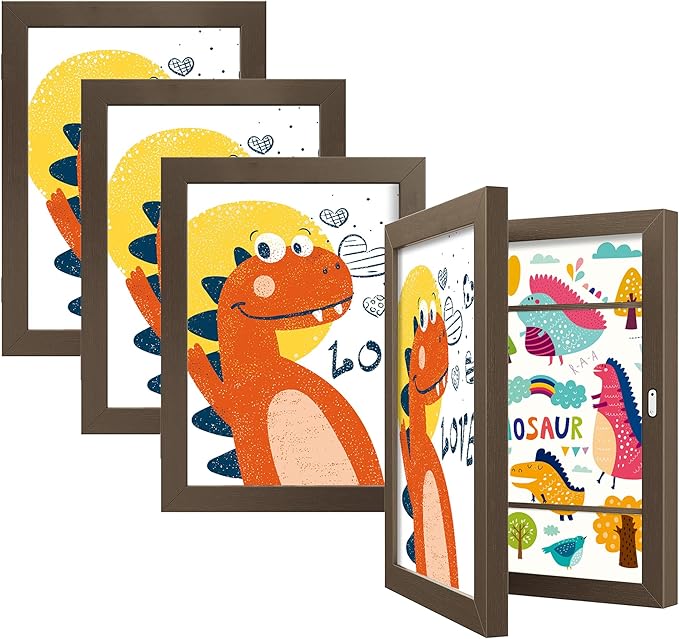 BAIJIALI Brown Art Frames for Kids Artwork - Front Opening Holds 150 Drawings, 3D Crafts - 4 Packs 8.5x11 with mat or 9x12 without Mat