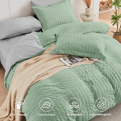 HYMOKEGE Sage Green/Light Grey Twin Comforter Set Seersucker 5 Pieces, All Season Luxury Bed in a Bag for Bedroom, Bedding Set with Comforter, Sheets, Pillowcase & Sham
