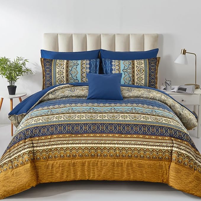 Cottolester Boho Queen Comforter Set 8 Pieces,Brown Blue Bohemian Comforter Paisley Striped Bed in A Bag,Soft Microfiber Bedding Set for All Season