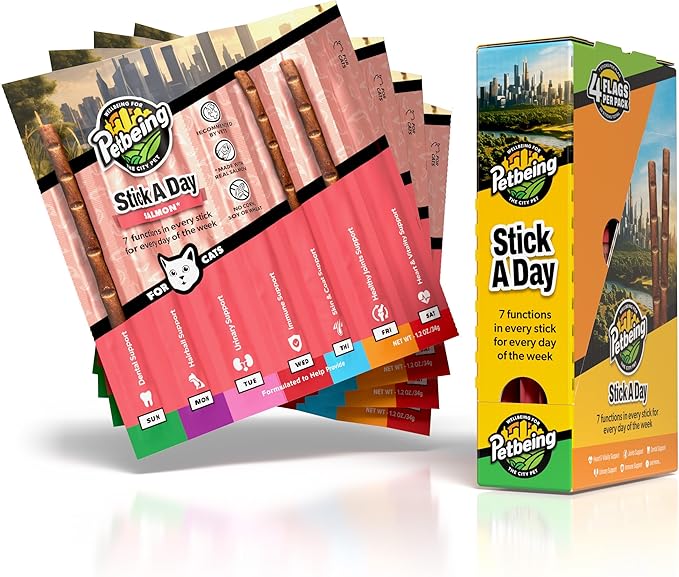 Stick a Day | Specially Formulated 7-in-1 Functions Daily Real Meat Supplement for Cats | Cat Chew Stick & Pet Vitamins Supplements Combination (7-Pack x 4, Salmon)-Mewly Pet