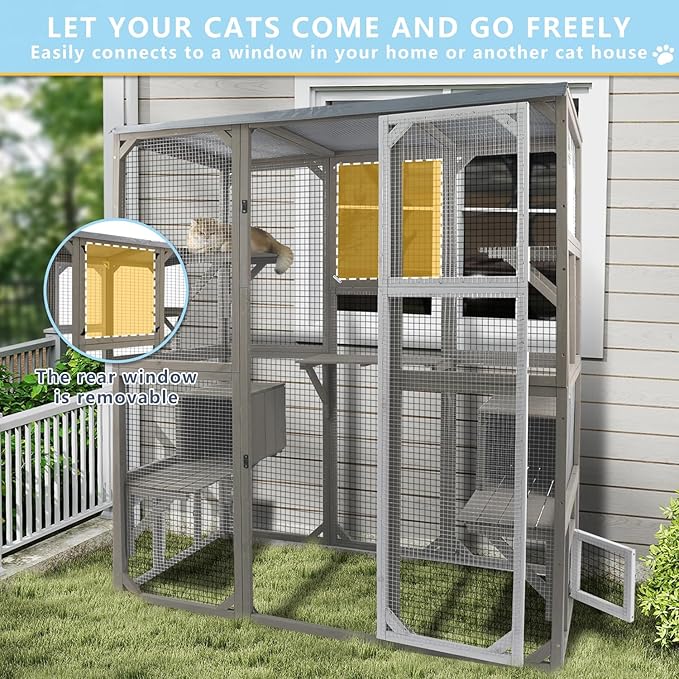 Catio Outdoor Cat Enclosure Large Window Cat House Walk in Kitty Cage with Multi-Level Platforms, Waterproof Roof for Mulitiple Cats (59" L x 29.5" W x 67.7" H)-Mewly Pet