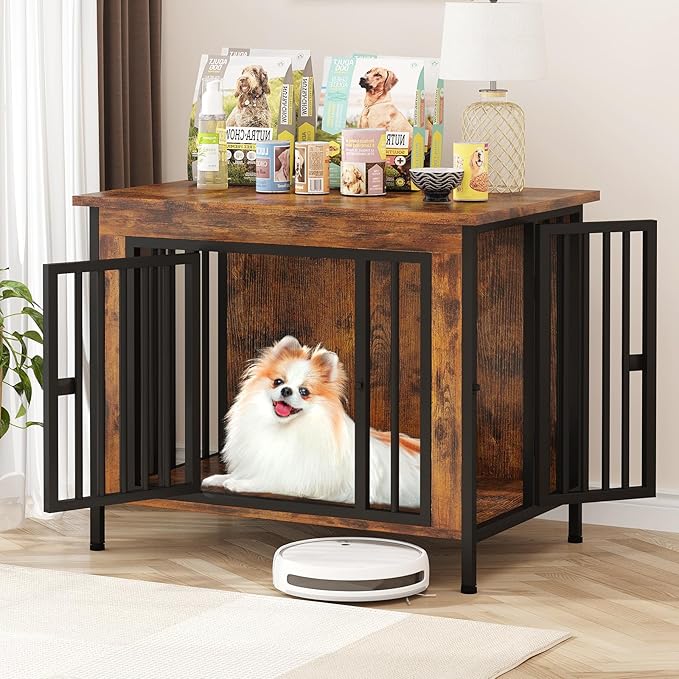EasyCom 31.5" Small Dog Crate Furniture, Chew-Resistant Dog Crates for Small and Medium Dogs, Dog Kennel Furniture Indoor with 2 Doors and 3.94" Raised Feet, as TV Stand, End Table, Crate Table-Mewly Pet