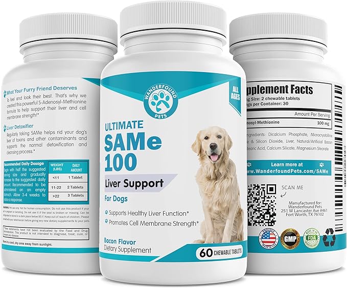 Same 100, Liver Support for Dogs, SAM e Chewable Hepatic Support for Dogs, Promotes Cell Membrane Strength, Bacon Flavor (60 Count)-Mewly Pet
