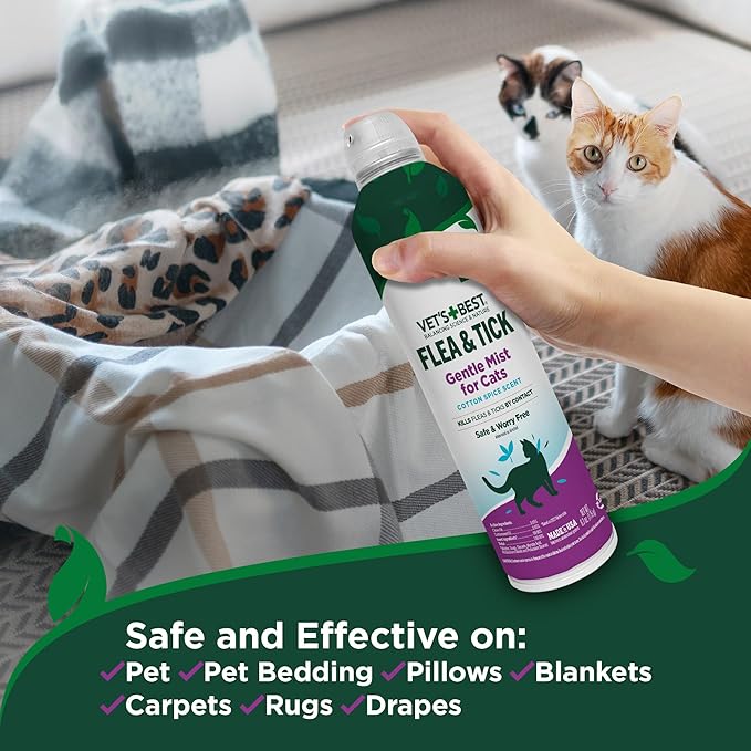 Vet's Best Natural Flea & Tick Mist for Cats – Plant-Powered Spray with Cotton Spice Scent – Natural Flea Prevention and Pest Control – Gentle Formula for Indoor Use – Safe for Pets – 6.3 oz-Mewly Pet