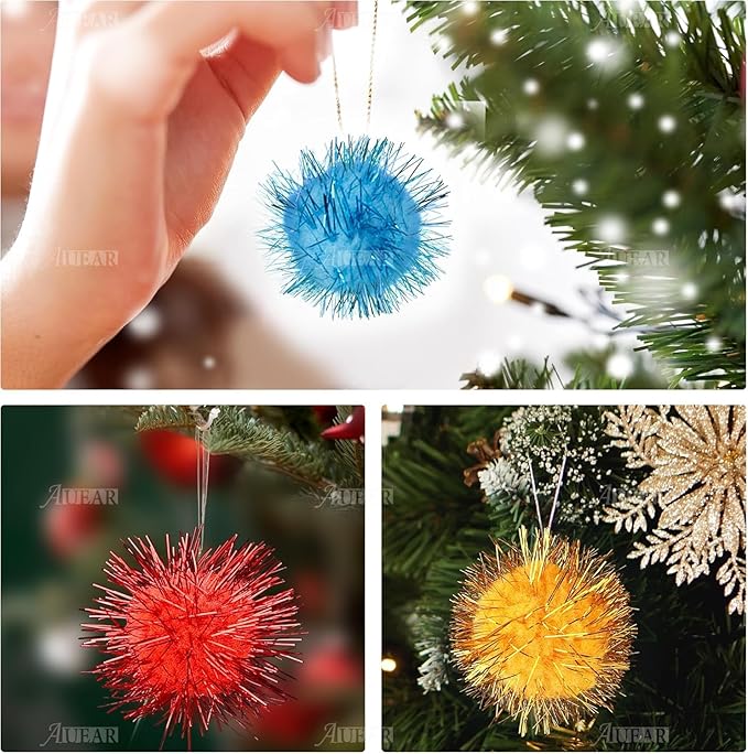AUEAR, 12 Pack 2 Inch Sparkle Ball Shiny Glitter Tinsel Pom Poms Interactive Cat Balls for Kittens (4 Colors, 12 Inch-12 Pack)-Mewly Pet