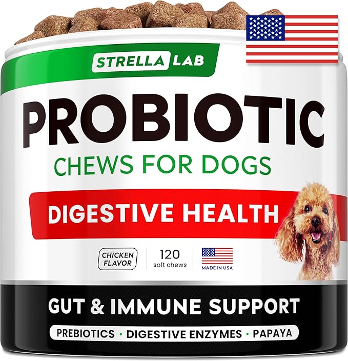 STRELLALAB Pet Probiotics for Dogs & Digestive Enzymes + Digestion & Gut Health Treats, Dog Probiotics Chews, Fiber Supplement, Anti Diarrhea, Constipation, Upset Stomach&Gas Relief, Canine Prebiotic-Mewly Pet