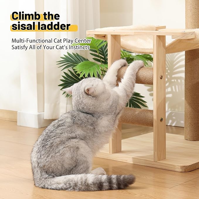 KVIDA Extra-Sturdy Wooden Cat Tree for Large Cats – Modern 3-Level Tower with Hammock, Anti-Tip Sisal Posts & Oversized Perch, Ideal for Indoor Big Cats & Multi-Cat Homes-Mewly Pet