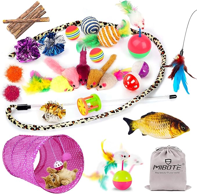 MIBOTE 28Pcs Cat Toys Kitten Toys Assorted, Cat Tunnel Catnip Fish Feather Teaser Wand Fish Fluffy Mouse Mice Balls and Bells Toys for Indoor Cat Puppy Kitty Interactive Cat Toy Set-Mewly Pet