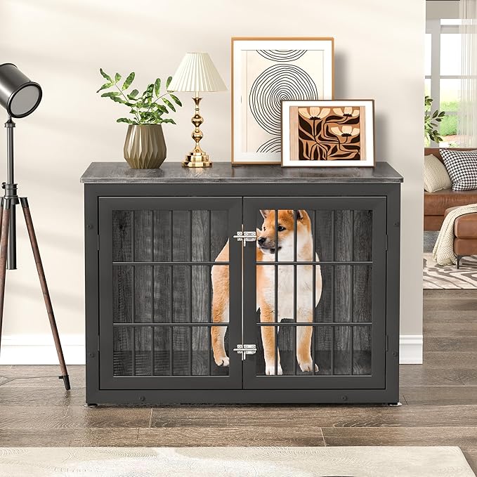 38" Heavy Duty Dog Crate Furniture for Large and Medium Dogs,Wooden Metal Kennel for High Anxiety Dogs, Chew Proof Cage Indoor, Decorative Kennel End Table-Mewly Pet