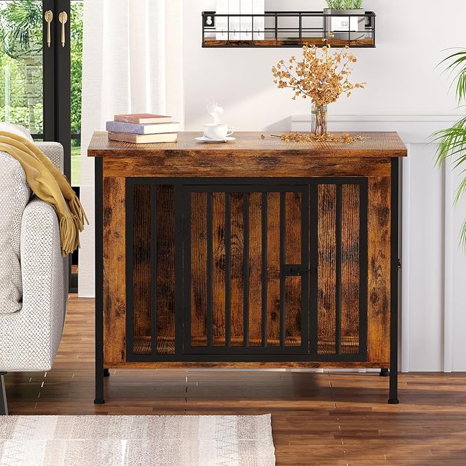 EasyCom 31.5" Small Dog Crate Furniture, Chew-Resistant Dog Crates for Small and Medium Dogs, Dog Kennel Furniture Indoor with 2 Doors and 3.94" Raised Feet, as TV Stand, End Table, Crate Table-Mewly Pet