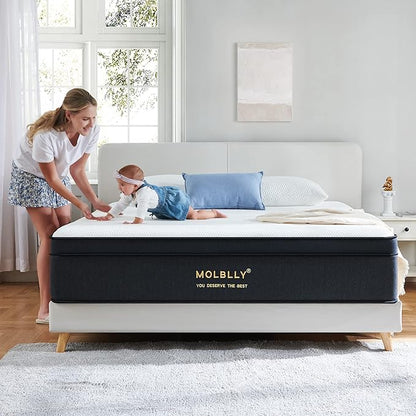 Molblly Queen Mattress14 Inch Hybrid Mattress in a Box with Gel Memory Foam, Individually Wrapped Pocket Coils Innerspring, Pressure-Relieving and Supportive, Non-Fiberglass,Queen Size