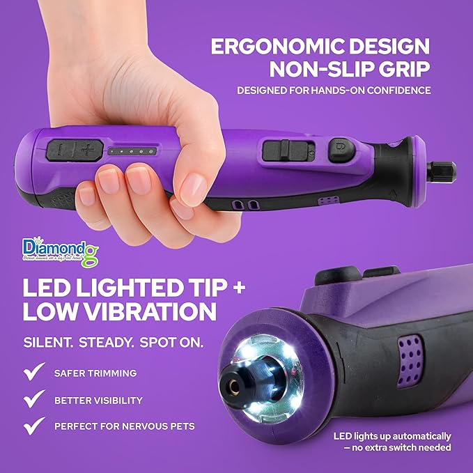 Diamondg Cordless Dog Nail Grinder with Quiet Sound & LED Tip for Large & Small Dogs, 4hrs. Runtime, 2 Bits Included, Purple-Mewly Pet