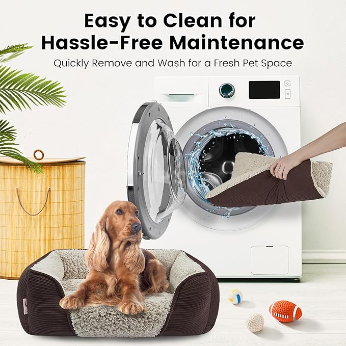 Miguel Washable Dog & Cat Bed with Removable Cushion for Medium & Small Dogs, Easy to Wash Pet Sofa Bed with Side Bolster, Anti-Slip Bottom, Dark Brown, 30 Inch Rectangle-Mewly Pet