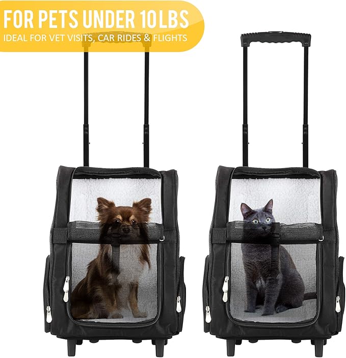 KOPEKS Deluxe Backpack Pet Travel Carrier with Double Wheels for Pets up to 10 Pounds - Black - Approved by Most Airlines-Mewly Pet