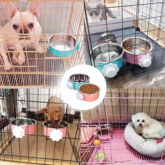 HERCOCCI Dog Crate Bowl, Removable Stainless Steel Pet Kennel Cage Hanging Food Bowls and Water Feeder Coop Cup Prevent Overflow for Puppy, Medium Dog, Cat, Rabbit, Ferret (3PCS)-Mewly Pet