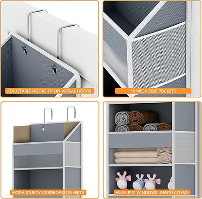 Over The Door Organizer - Over Door Storage Organizer with 5 Large Pockets & 10 Mesh Side Compartments - Heavy-Duty Hanging Storage for Bathroom, Bedroom & Closet - Baby Room Organize Solution