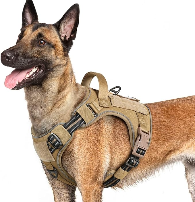 rabbitgoo Dog Harness for Large Dogs No Pull, Tactical Service Pet Vest with Molle and Control Handle, Adjustable and Reflective Military Harness for Easy Walking and Training, Brown, L-Mewly Pet