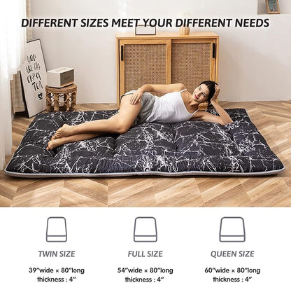 MAXYOYO Black Marble Printed Japanese Futon, Thicken Sleeping Pad Roll Up Camping Mattress Twin
