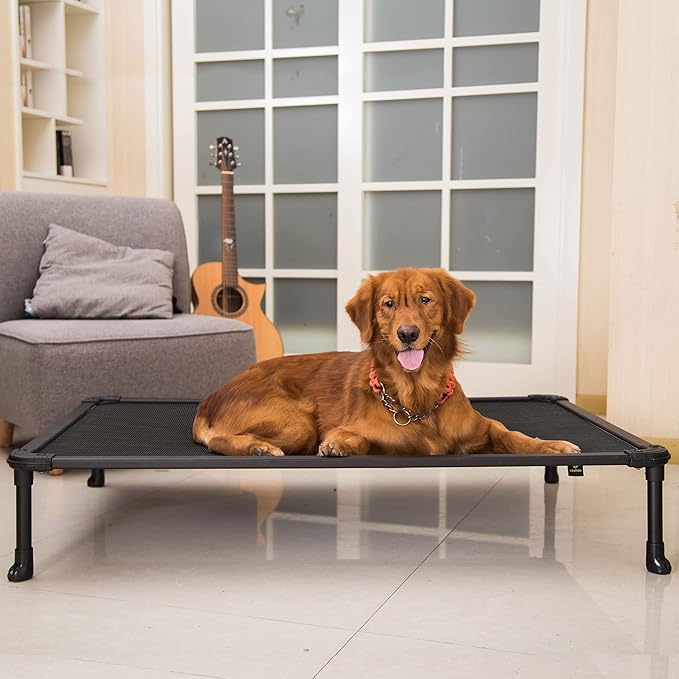 Veehoo Chew Proof Elevated Dog Bed - Cooling Raised Pet Cot - Rustless Aluminum Frame and Durable Textilene Mesh, Unique Designed No-Slip Feet for Indoor or Outdoor Use, Black, X-Large, CWC2002-Mewly Pet