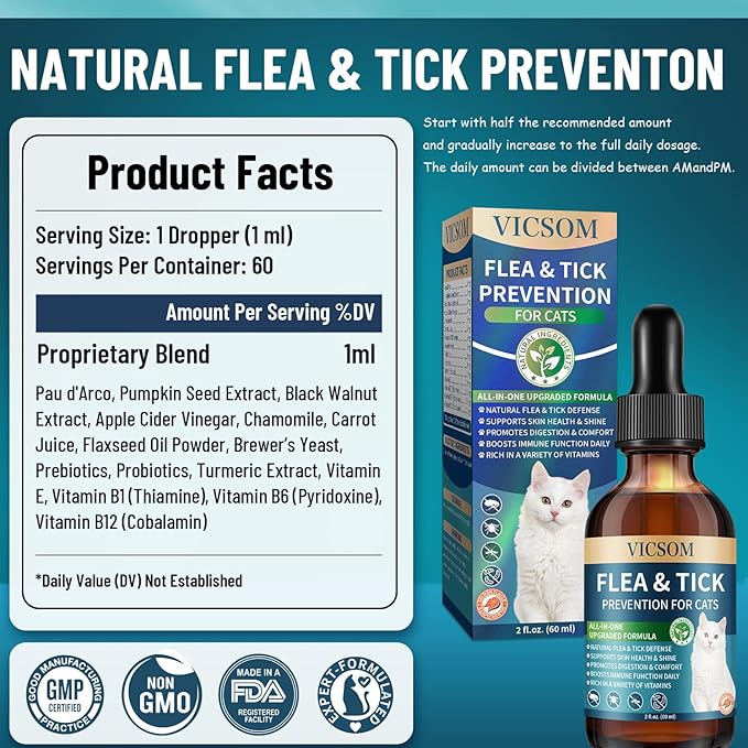 Natural Flea and Tick Prevention for Cats, Herbal Cat Flea and Tick Treatment Support Drops Flea Support with Prebiotics Probiotics for Cats Kitten - Ideal for Sensitive Cat - Salmon Flavor-Mewly Pet
