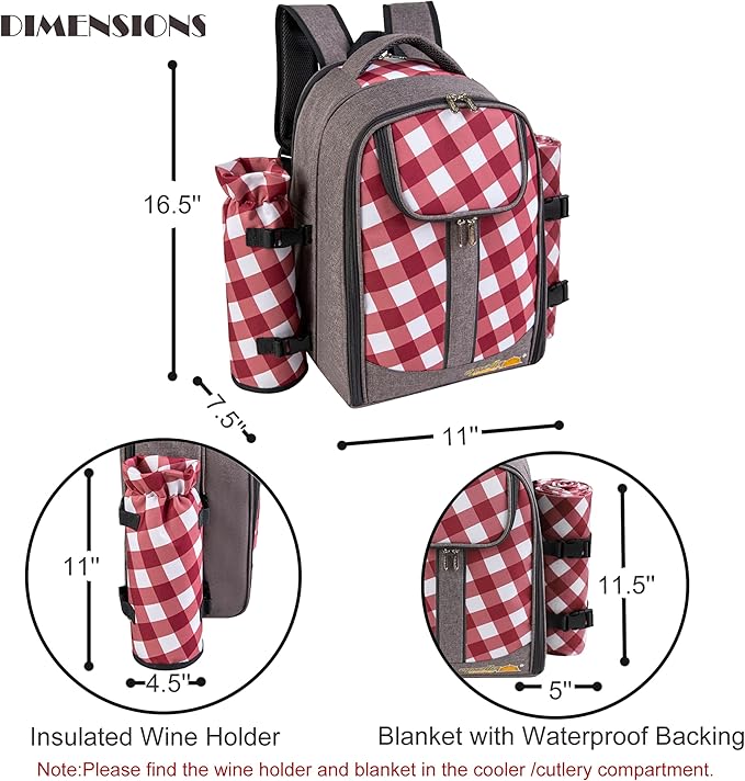 apollo walker Picnic Backpack Bag with Cooler Compartment, Detachable Bottle/Wine Holder, Fleece Blanket, Plates and Cutlery Set (2 Person, Gray)-Mewly Pet