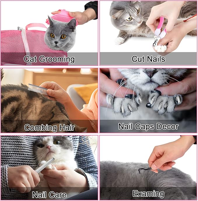 JULMELON Cat Washing Bag 10 PCS Set, Adjustable Cat Shower Net Bag and Pet Grooming Brush with Nail Clipper Nail File Hair Combs Tick Tool Nail Caps for Bathing Nail Trimming Examination(Pink+Grey)-Mewly Pet