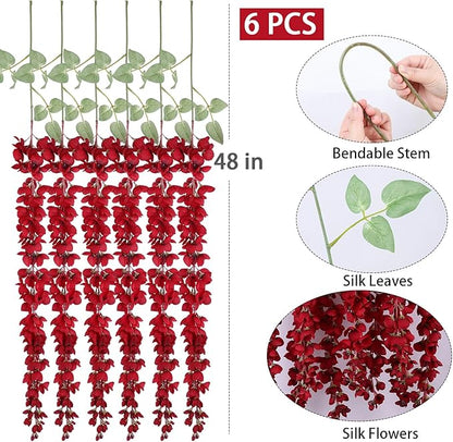 mizii 6Pcs Burgundy Wisteria Hanging Flowers 48" Silk Wisteria Artificial Flowers Garland Vines Fake Hanging Flowers Decoration for Wedding Flower Wall Backdrop Centerpieces Room Decor (Burgundy)