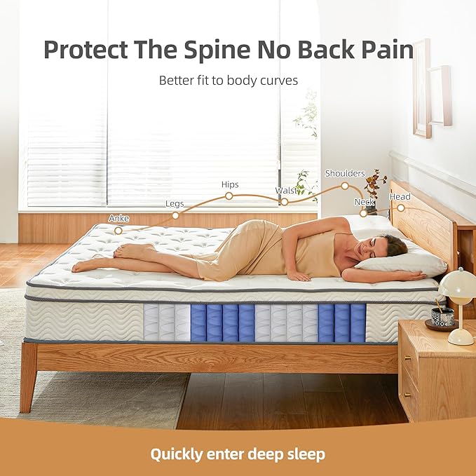 Queen Mattresses, 10 Inch Mattress Queen Size with Pocket Spring and Memory Foam for Pressure Relief, Motion Isolation, Edge Support, Medium Firm Mattress in a Box, CertiPUR-US, White