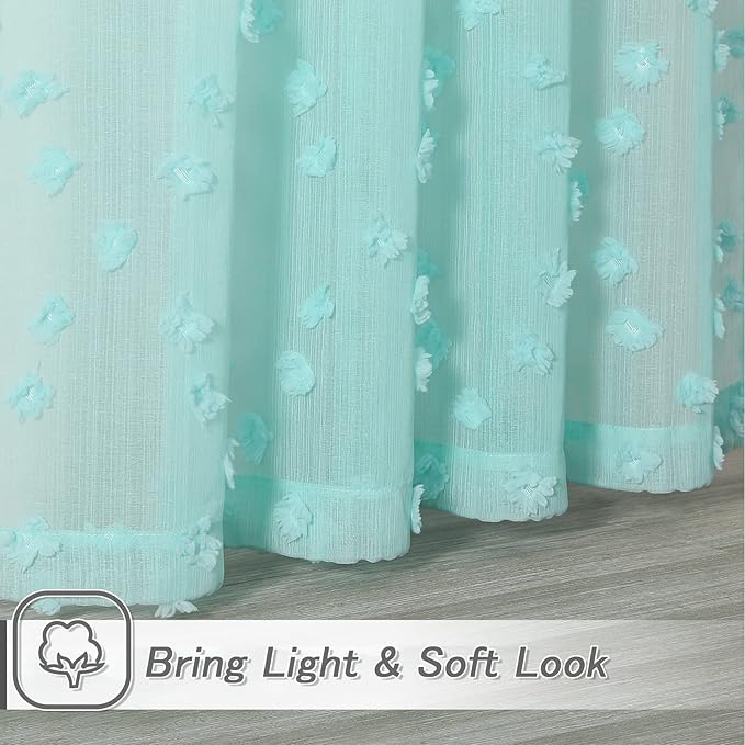 MYSKY HOME Pom Pom Aqua Sheer Curtains for Bedroom Girls Room Curtains 84 Inches Long for Nursery Kids Light Filtering Boho Window Drapes, Rod Pocket, 52" Wide, 2 Panels