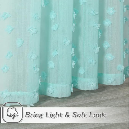 MYSKY HOME Pom Pom Aqua Sheer Curtains for Bedroom Girls Room Curtains 84 Inches Long for Nursery Kids Light Filtering Boho Window Drapes, Rod Pocket, 52" Wide, 2 Panels