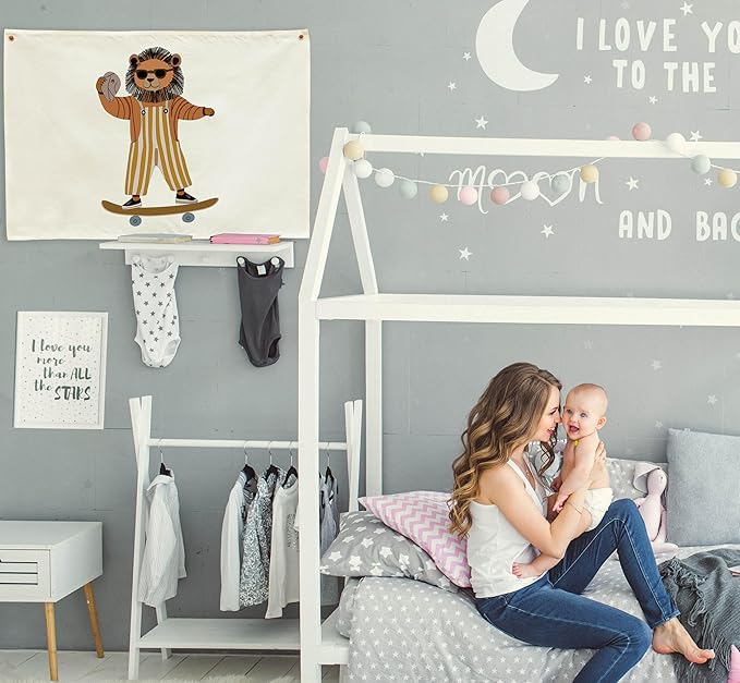 Lion Skateboarding Nursery Rectangular Canvas Banner-Flag Wall Sign Decor for Toddler Boys Kids,Baby Room Above Crib Playroom Reading Room Bedroom Dorm Decor-Baby Shower Birthday Christmas Gift