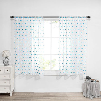 MYSKY HOME Light Blue Pom Pom Sheer Curtains for Girls Bedroom - 45 Inch, Light Filtering, Nursery, Kids Room, Rod Pocket, Cafe Style, Small Window Panels, 52 x 54 in, Set of 2