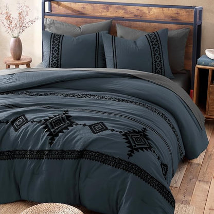 MaiRêve Embroidery Full Size Comforter Set Blue Grey, Farmhouse Western Boho Bedding Set 7 Pieces, All Season Bed in A Bag Comforter Set with Sheets, Pillowcases & Shams