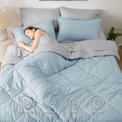 Bedsure Queen Comforter Set - 7 Pieces Reversible Sky Blue Bedding, Queen Size Bed Set for All Seasons, Bed in a Bag with Down Alternative Comforter, Sheets, Pillowcases & Shams