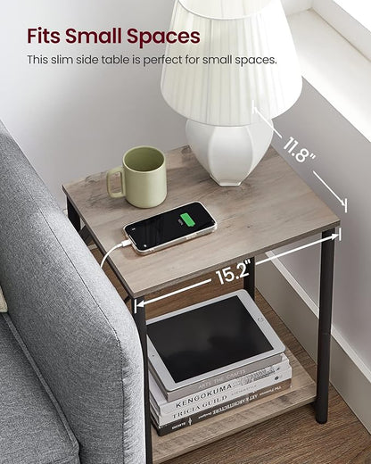 VASAGLE End Table with Charging Station, Small Side Table for Living Room, Bedroom, Nightstand with Outlets and USB Ports, Bedside Table with Storage Shelf, Heather Greige and Black