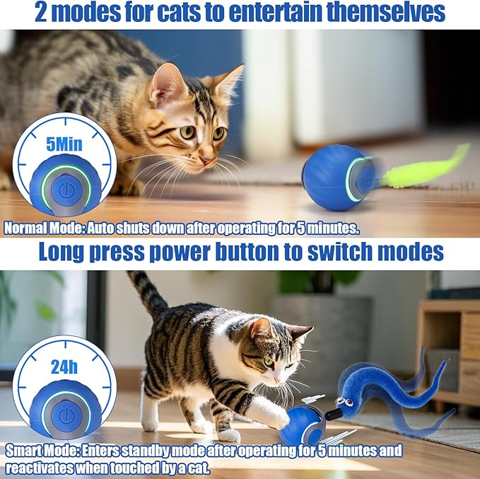 AIERSA Interactive Cat Toys for Indoor Adult Cats, Automatic Self-Play Cat Ball Toy for Kitten to Keep Them Busy, Electric Speed Tail Moving Cat Toy with 3 Tails and 4 Springs (Blue)-Mewly Pet