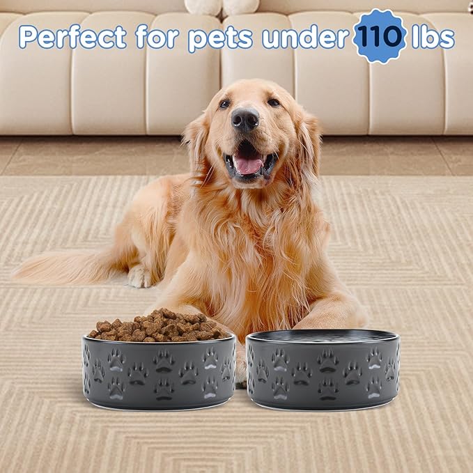 SPUNKYJUNKY Ceramic Dog Bowls 2 Pack, 8.3'' Dog Food Water Double Feeding Bowls Non-Slip for Medium to Large Sized Breed Microwave Dishwasher Safe - 60 OZ, 2pcs, Paw Black-Mewly Pet