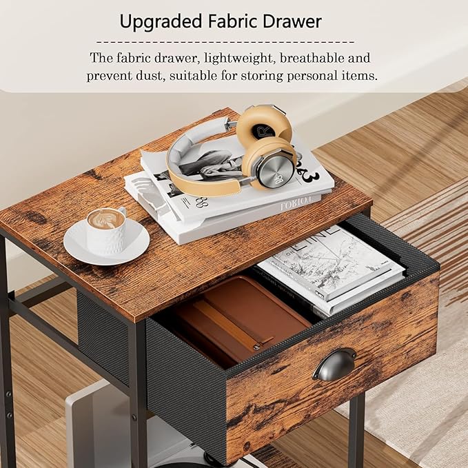 Furologee Nightstands Set of 2, Night Stand with Fabric Drawer and Storage Shelf, Retro Bedside Sofa Tables for Small Place, End Side Tables Living Room Bedroom, Rustic Brown