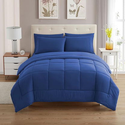 Sweet Home Collection 7 Piece Comforter Set Bag Solid Color All Season Soft Down Alternative Blanket & Luxurious Microfiber Bed Sheets, Royal Blue, Twin XL (Pack of 4)