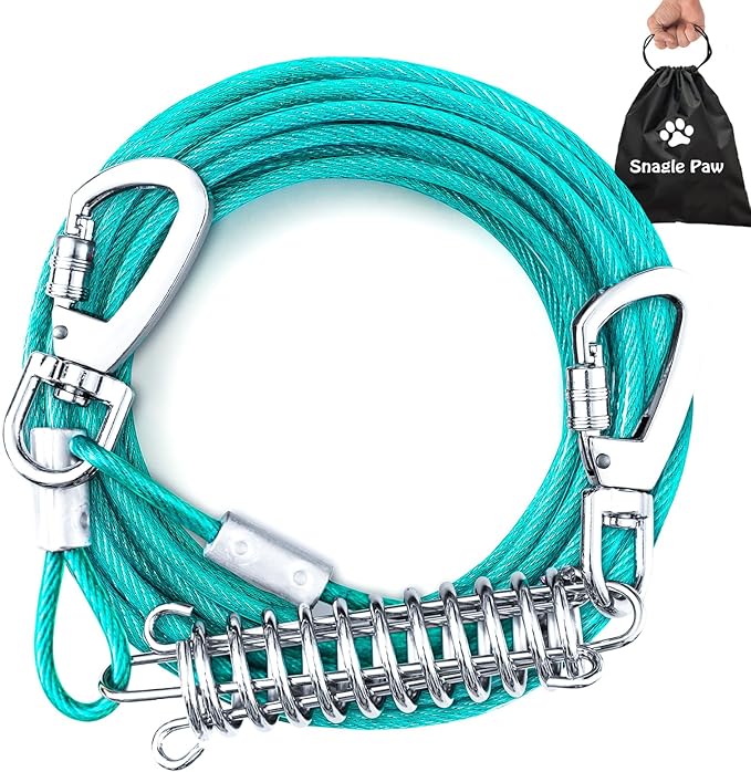 Tie Out Cable for Dogs, 15FT Dog Leads for Yard Chew Proof, Heavy Duty Dog Tie Out Cable with Shock Absorbing Spring for Large Dogs Up to 125lbs, Durable Dog Runner for Yard or Camping-Mewly Pet