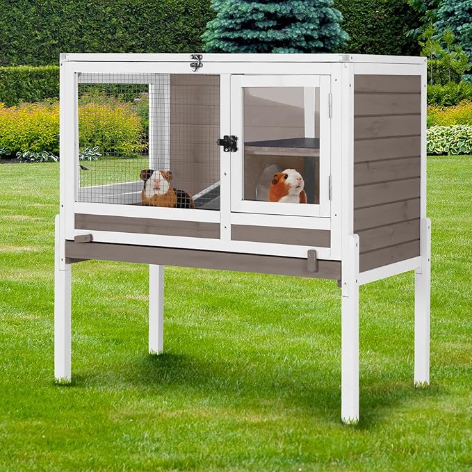 GUTINNEEN Indoor Rabbit Hutch Guinea Pig Cages with Chew-Proof Ramp, 2-Story Wooden Bunny House with Pull-Out Tray & Leakproof PVC Layer, Small Animal Cage with Detachable Legs-Mewly Pet