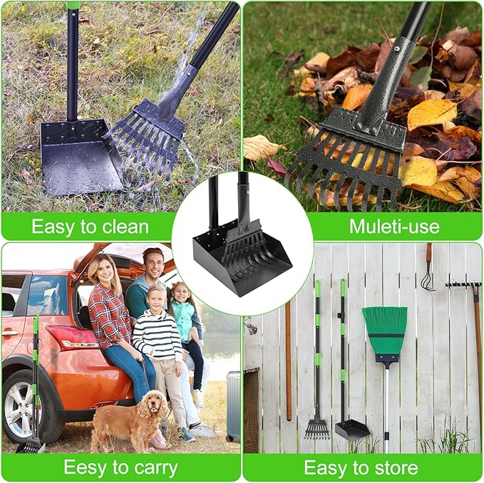 Non-Breakable Pooper Scooper, Dog Pooper Scooper Tray & Rake Set with Adjustable Stainless Steel Long Handle for Large Medium Small Dogs (Green)-Mewly Pet