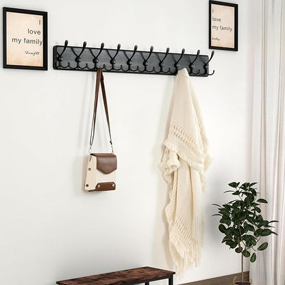 Dseap Coat Rack Wall - Heavy-Duty 38-1/4" Long, with Reinforced 10 Custom Tri-Hooks, Solid Wood Wall Hanger for Coats Hat Jackets - Rustic Farmhouse Entryway Storage, Black, Pack of 2